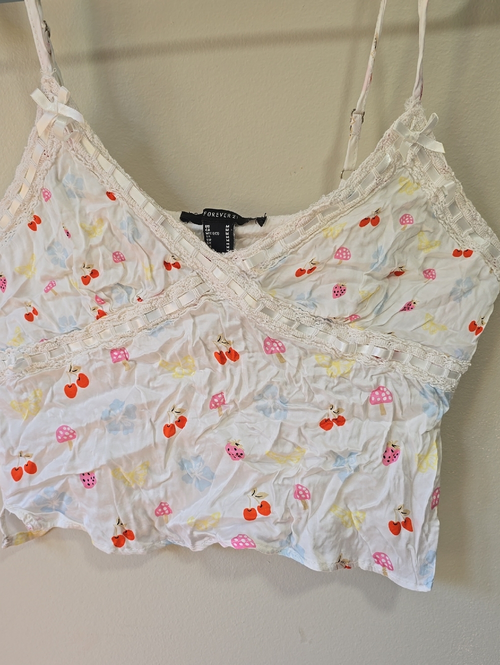 Forever 21 White Cami with Cherry & Pink Mushroom Print